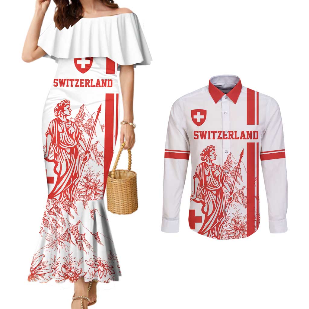 Custom Switzerland Football Couples Matching Mermaid Dress and Long Sleeve Button Shirt Confoederatio Helvetica