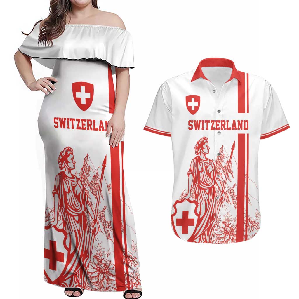 Custom Switzerland Football Couples Matching Off Shoulder Maxi Dress and Hawaiian Shirt Confoederatio Helvetica