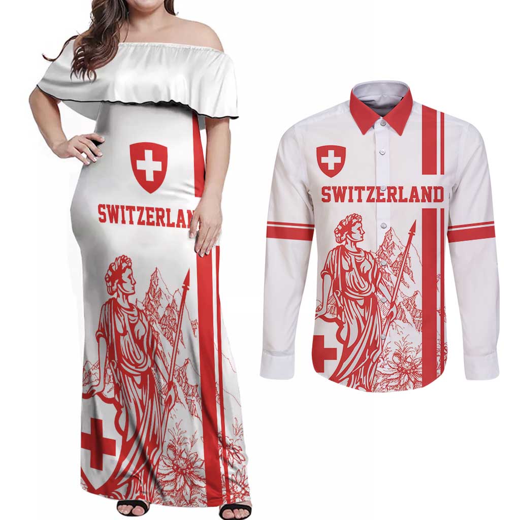 Custom Switzerland Football Couples Matching Off Shoulder Maxi Dress and Long Sleeve Button Shirt Confoederatio Helvetica