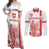 Custom Switzerland Football Couples Matching Off Shoulder Maxi Dress and Long Sleeve Button Shirt Confoederatio Helvetica