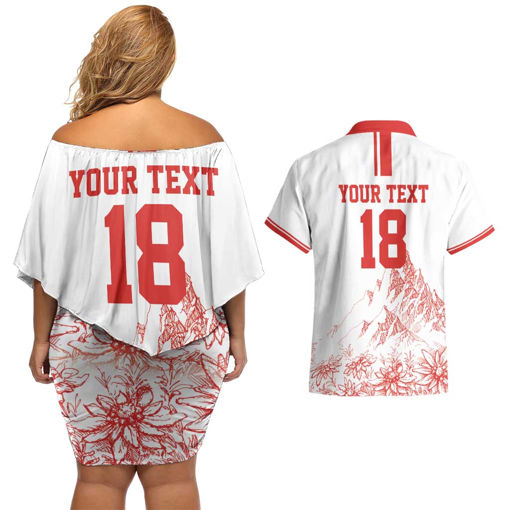 Custom Switzerland Football Couples Matching Off Shoulder Short Dress and Hawaiian Shirt Confoederatio Helvetica