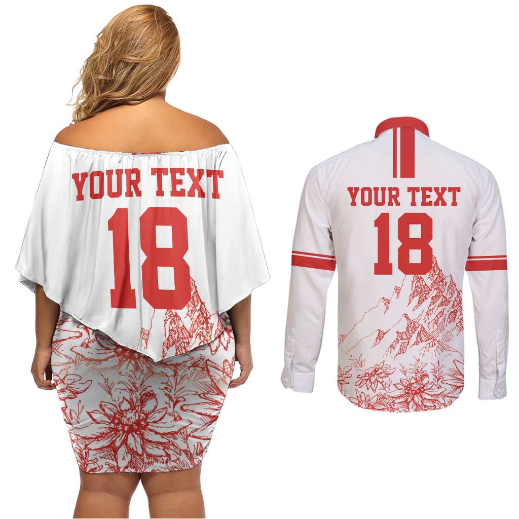 Custom Switzerland Football Couples Matching Off Shoulder Short Dress and Long Sleeve Button Shirt Confoederatio Helvetica