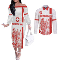 Custom Switzerland Football Couples Matching Off The Shoulder Long Sleeve Dress and Long Sleeve Button Shirt Confoederatio Helvetica