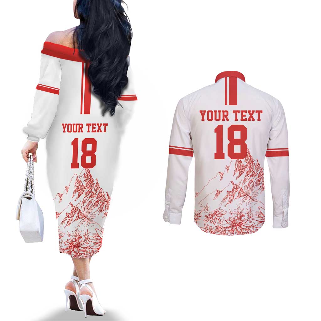 Custom Switzerland Football Couples Matching Off The Shoulder Long Sleeve Dress and Long Sleeve Button Shirt Confoederatio Helvetica