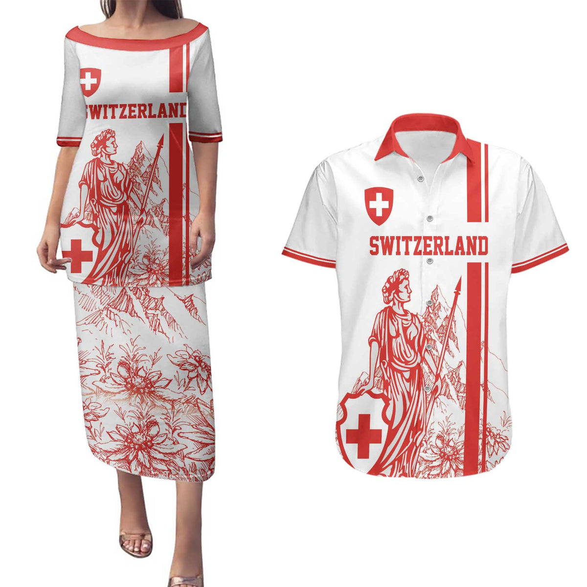 Custom Switzerland Football Couples Matching Puletasi and Hawaiian Shirt Confoederatio Helvetica