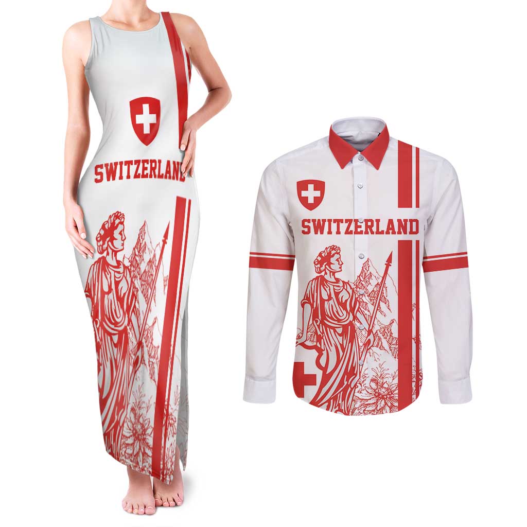Custom Switzerland Football Couples Matching Tank Maxi Dress and Long Sleeve Button Shirt Confoederatio Helvetica