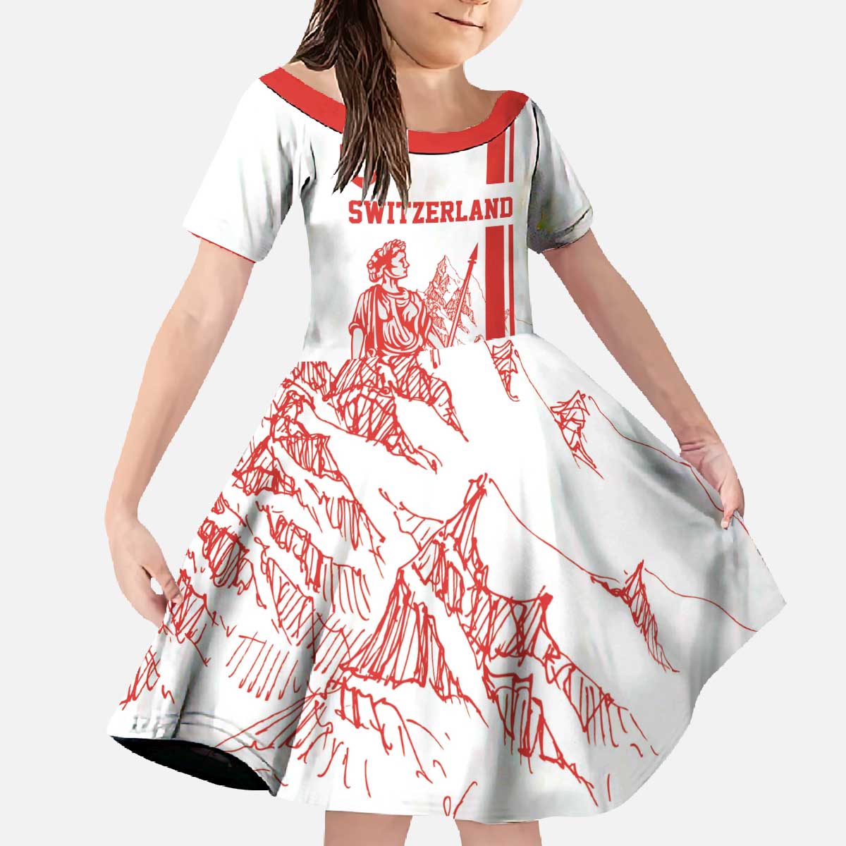 Custom Switzerland Football Family Matching Off The Shoulder Long Sleeve Dress and Hawaiian Shirt Confoederatio Helvetica