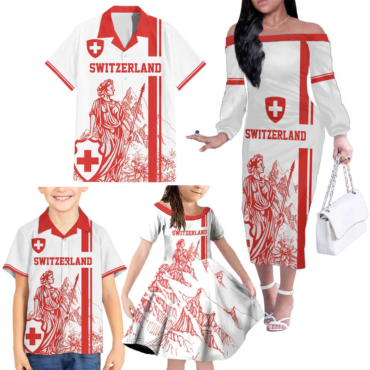 Custom Switzerland Football Family Matching Off The Shoulder Long Sleeve Dress and Hawaiian Shirt Confoederatio Helvetica