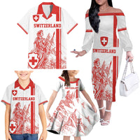 Custom Switzerland Football Family Matching Off The Shoulder Long Sleeve Dress and Hawaiian Shirt Confoederatio Helvetica