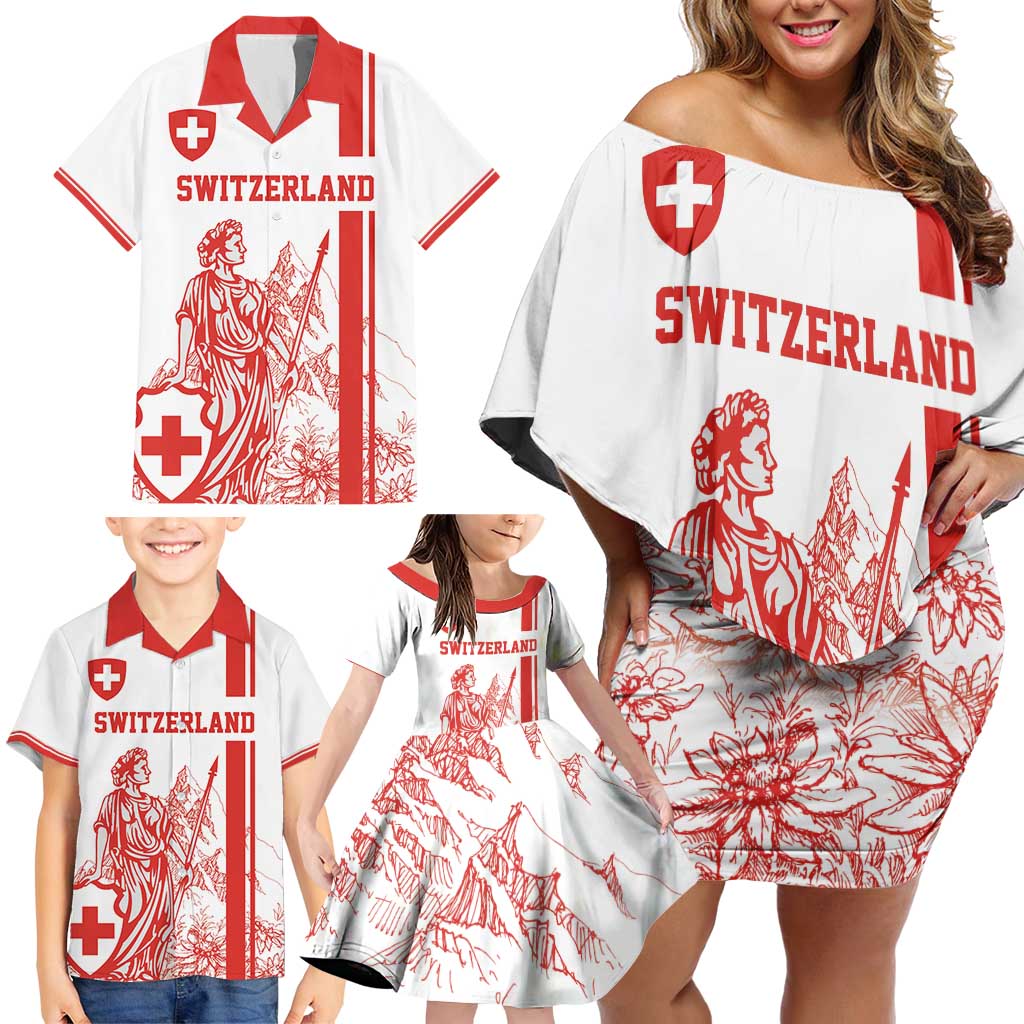 Custom Switzerland Football Family Matching Off Shoulder Short Dress and Hawaiian Shirt Confoederatio Helvetica