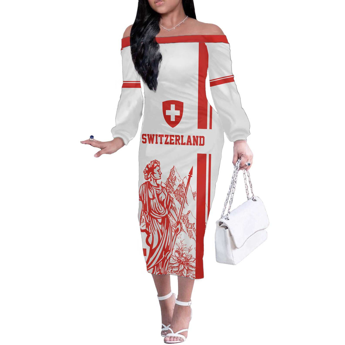 Custom Switzerland Football Off The Shoulder Long Sleeve Dress Confoederatio Helvetica