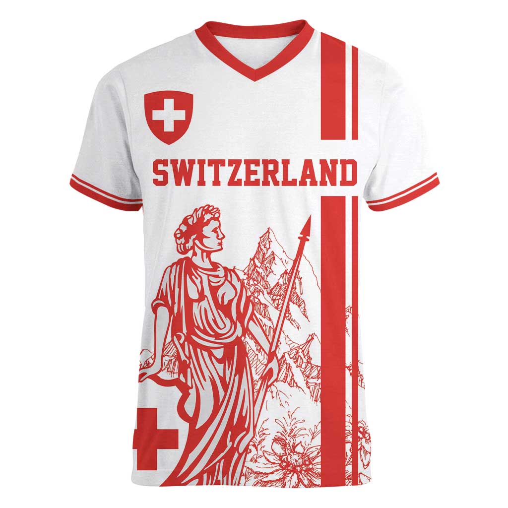 Custom Switzerland Football Women V-Neck T-Shirt Confoederatio Helvetica