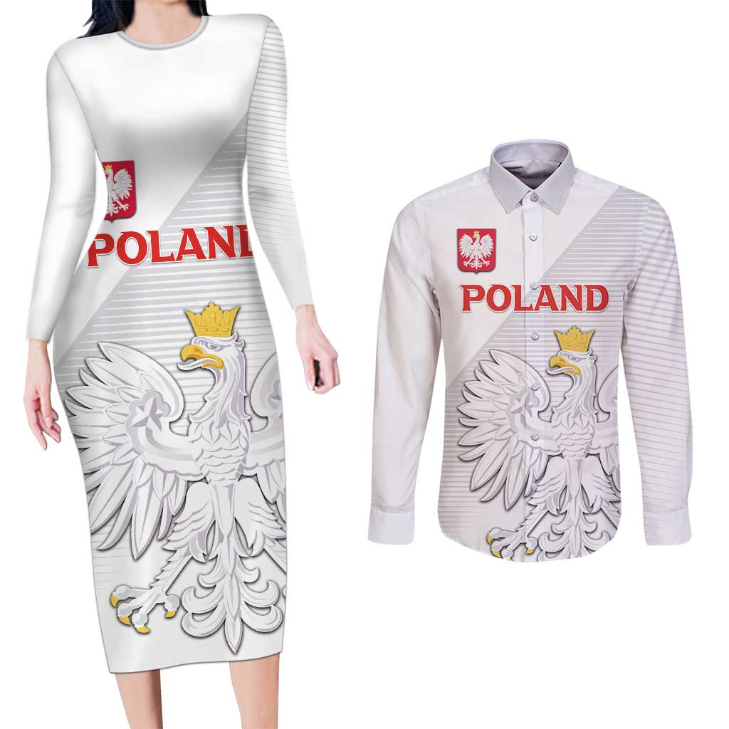 Custom Poland Football Couples Matching Long Sleeve Bodycon Dress and Long Sleeve Button Shirt Bialo-Czerwoni Go Champion