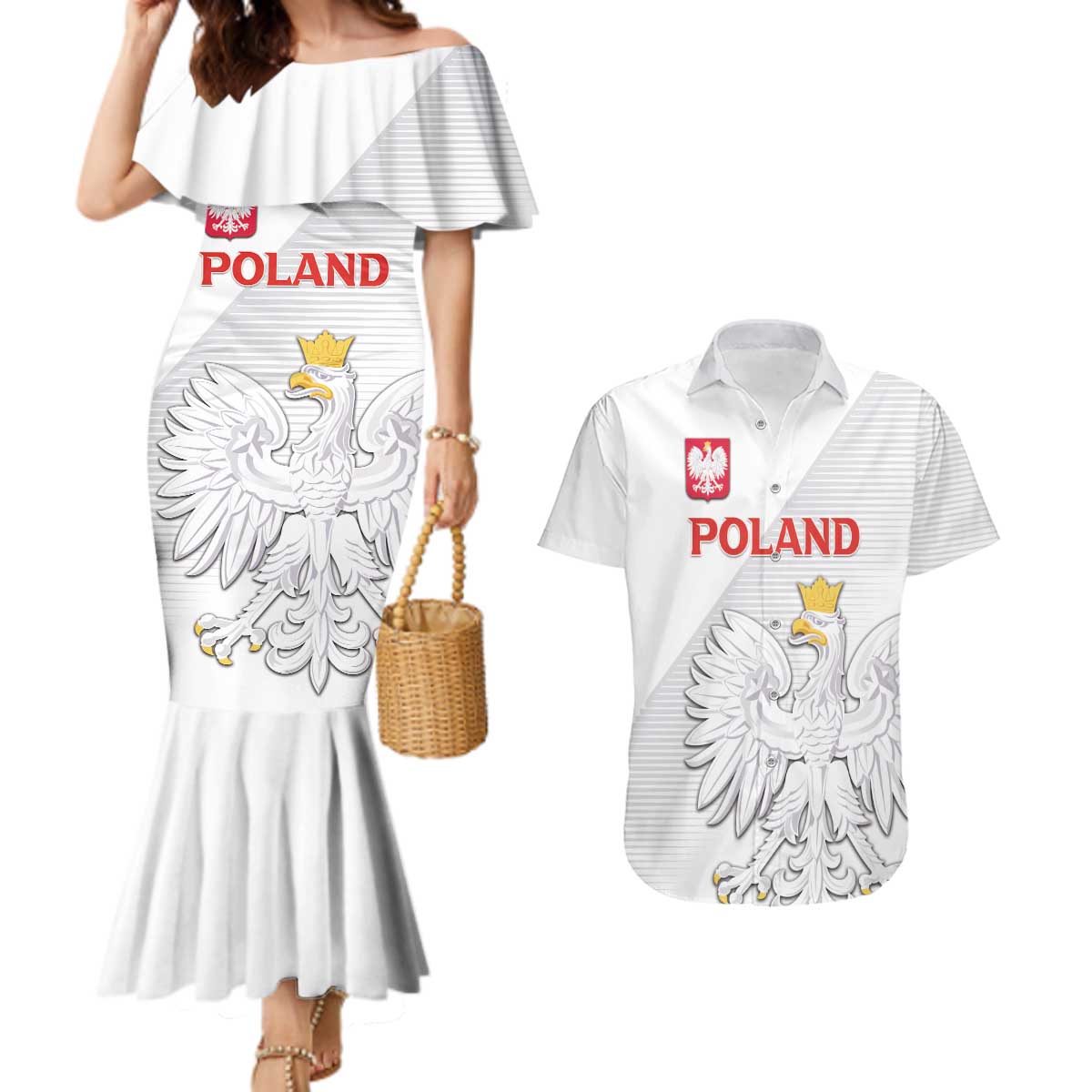 Custom Poland Football Couples Matching Mermaid Dress and Hawaiian Shirt Bialo-Czerwoni Go Champion