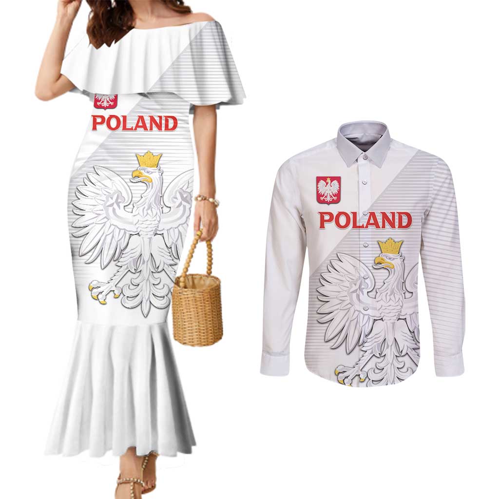 Custom Poland Football Couples Matching Mermaid Dress and Long Sleeve Button Shirt Bialo-Czerwoni Go Champion