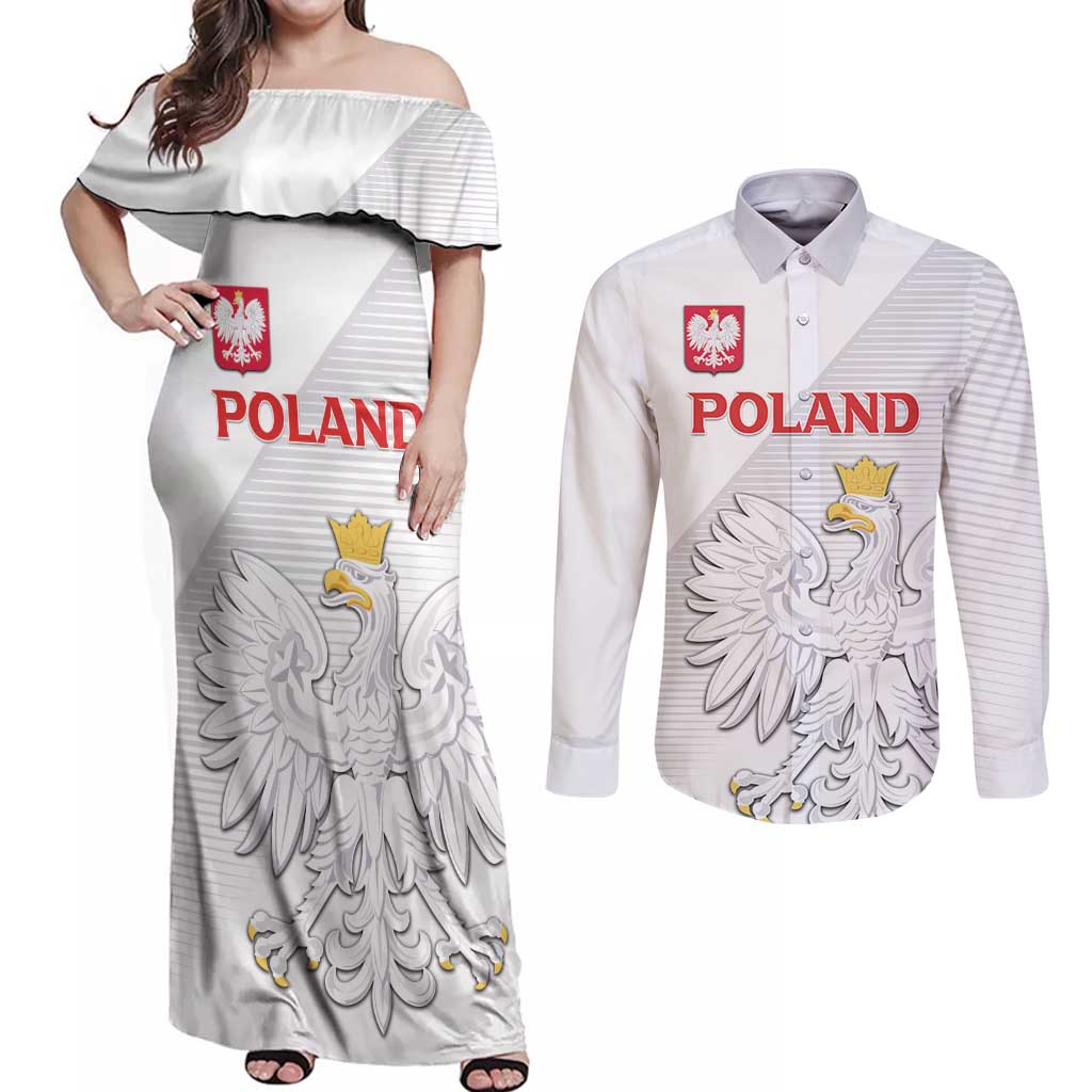 Custom Poland Football Couples Matching Off Shoulder Maxi Dress and Long Sleeve Button Shirt Bialo-Czerwoni Go Champion