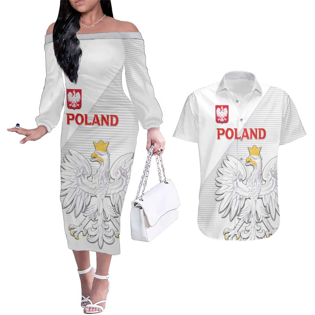 Custom Poland Football Couples Matching Off The Shoulder Long Sleeve Dress and Hawaiian Shirt Bialo-Czerwoni Go Champion