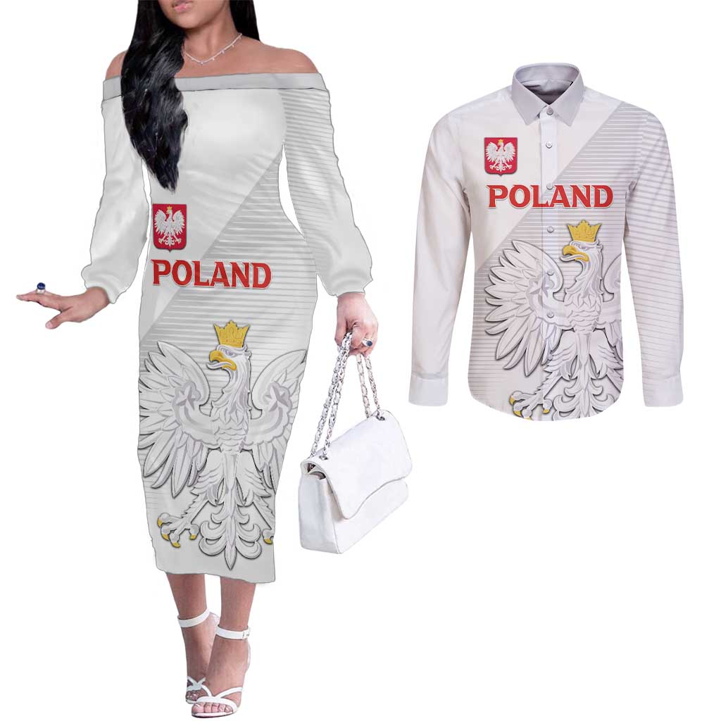 Custom Poland Football Couples Matching Off The Shoulder Long Sleeve Dress and Long Sleeve Button Shirt Bialo-Czerwoni Go Champion