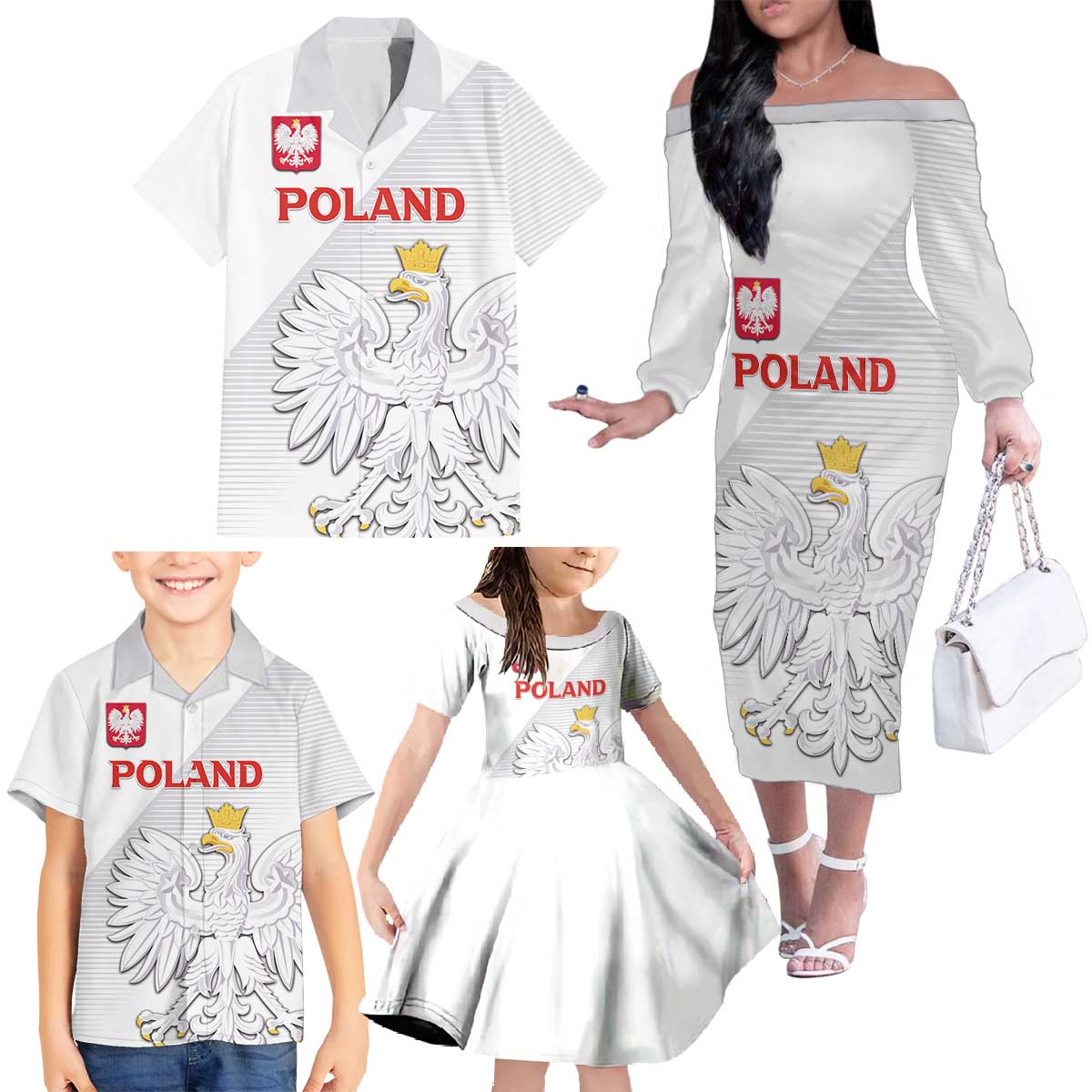 Custom Poland Football Family Matching Off The Shoulder Long Sleeve Dress and Hawaiian Shirt Bialo-Czerwoni Go Champion