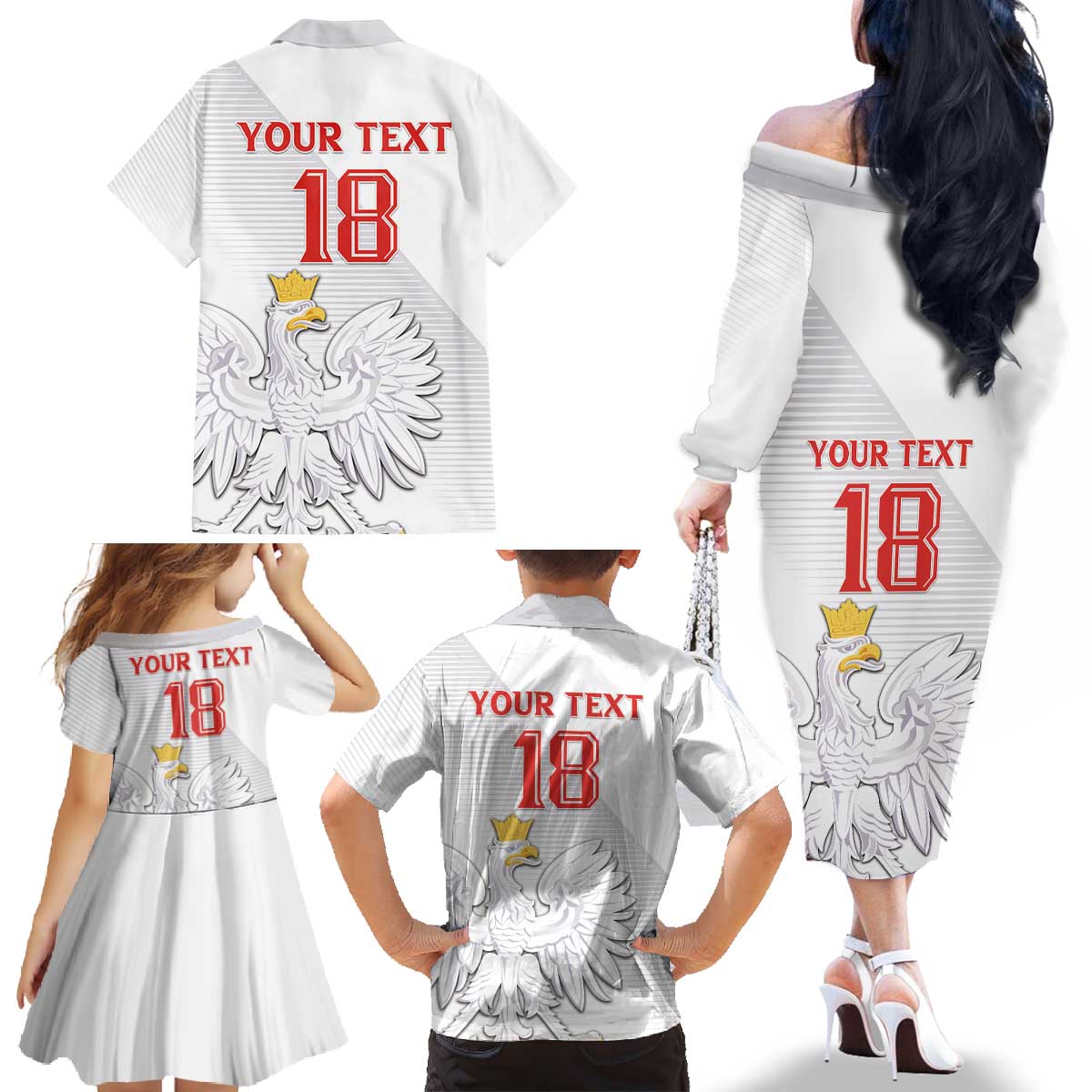 Custom Poland Football Family Matching Off The Shoulder Long Sleeve Dress and Hawaiian Shirt Bialo-Czerwoni Go Champion