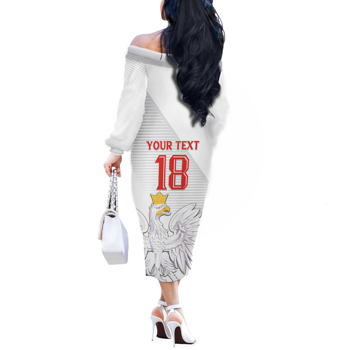 Custom Poland Football Off The Shoulder Long Sleeve Dress Bialo-Czerwoni Go Champion