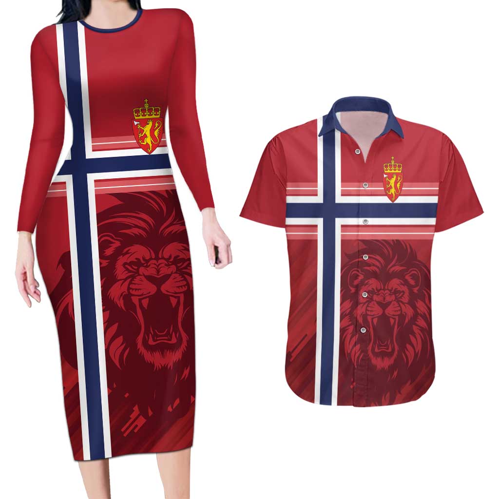 Custom Norway Football Couples Matching Long Sleeve Bodycon Dress and Hawaiian Shirt Norges Herrelandslag i Fotball