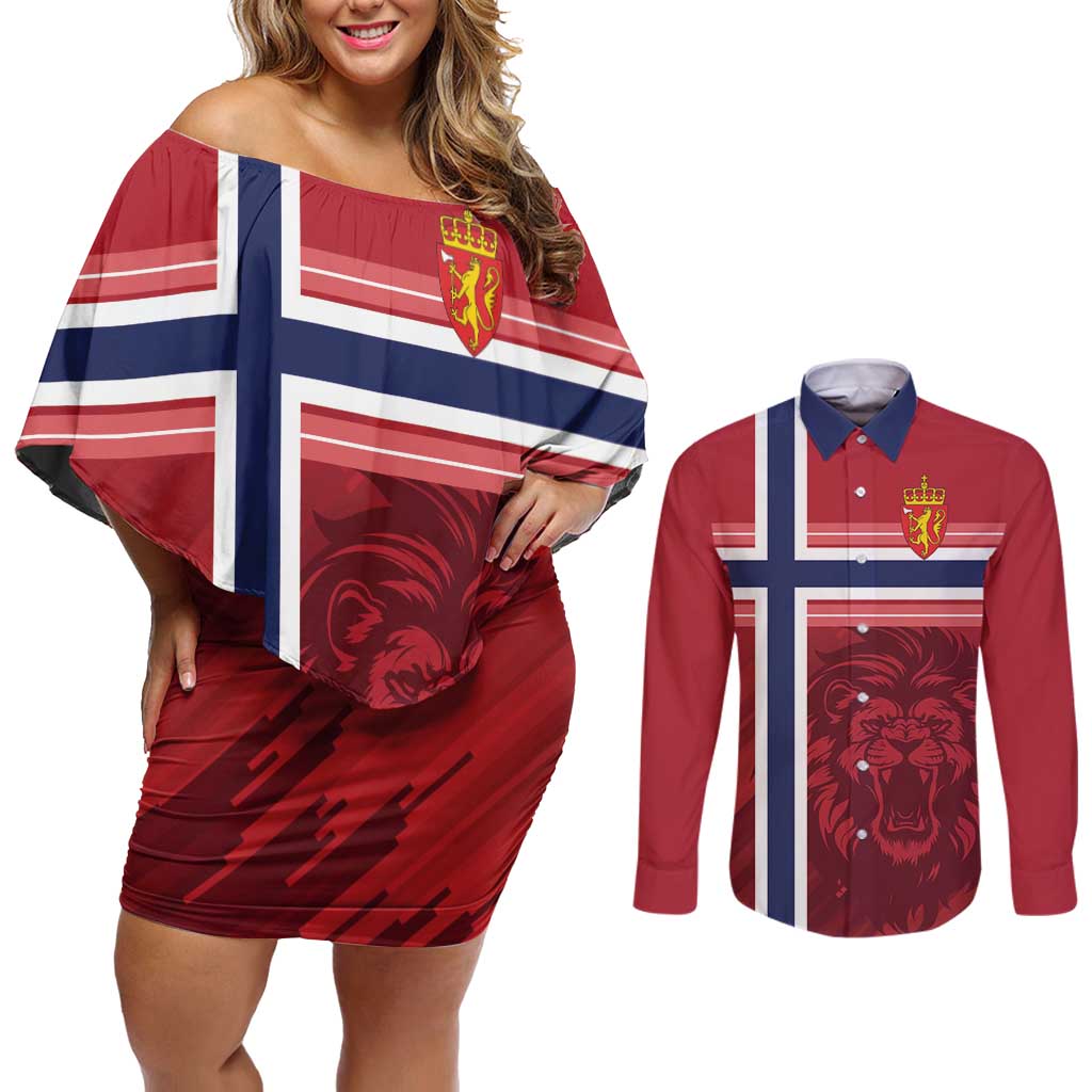 Custom Norway Football Couples Matching Off Shoulder Short Dress and Long Sleeve Button Shirt Norges Herrelandslag i Fotball
