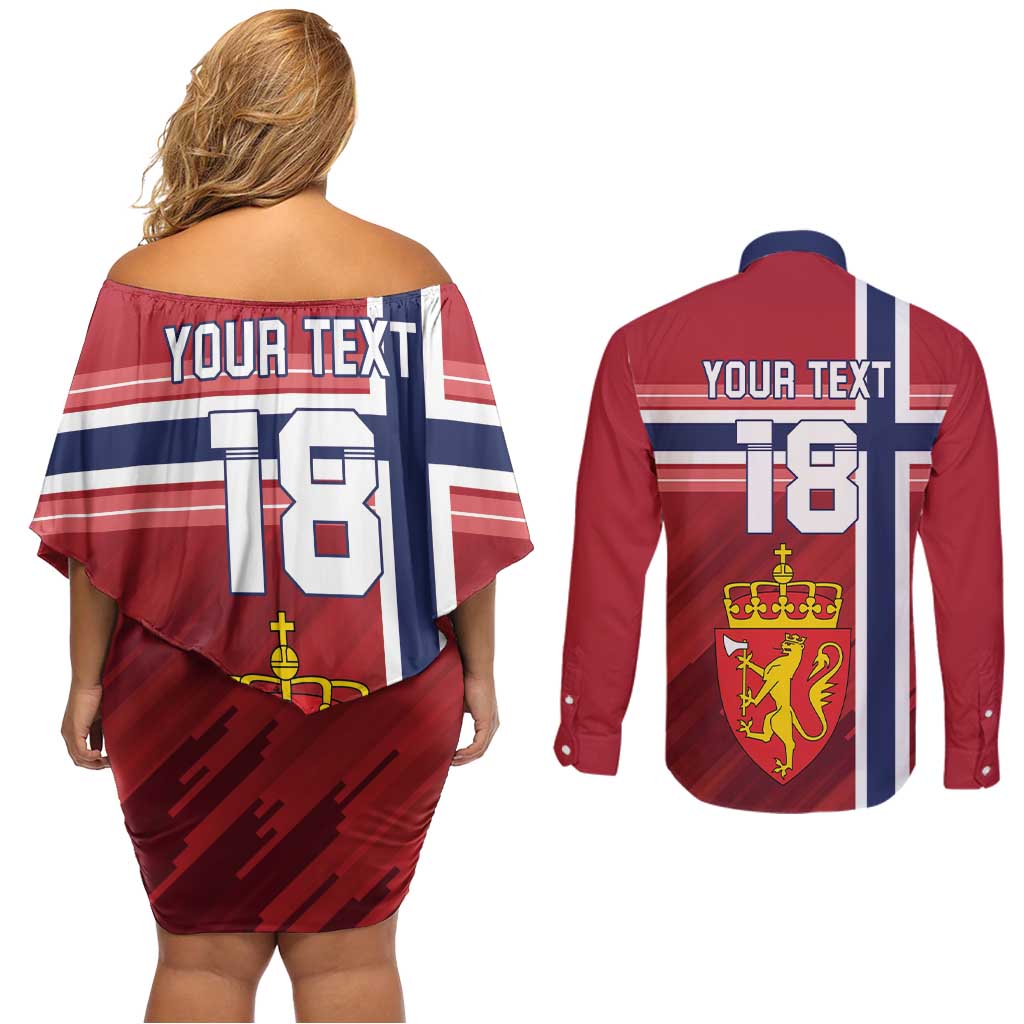 Custom Norway Football Couples Matching Off Shoulder Short Dress and Long Sleeve Button Shirt Norges Herrelandslag i Fotball