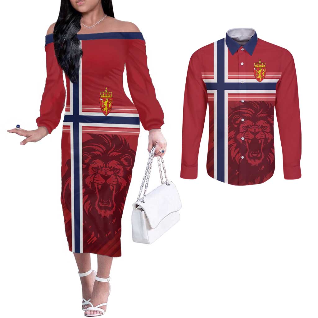 Custom Norway Football Couples Matching Off The Shoulder Long Sleeve Dress and Long Sleeve Button Shirt Norges Herrelandslag i Fotball