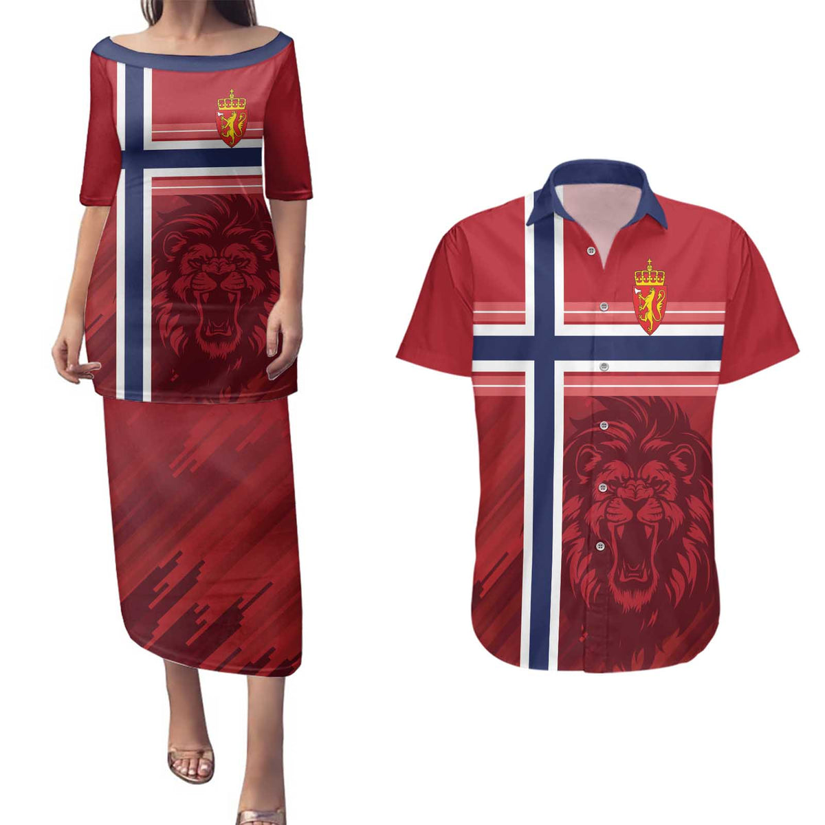Custom Norway Football Couples Matching Puletasi and Hawaiian Shirt Norges Herrelandslag i Fotball