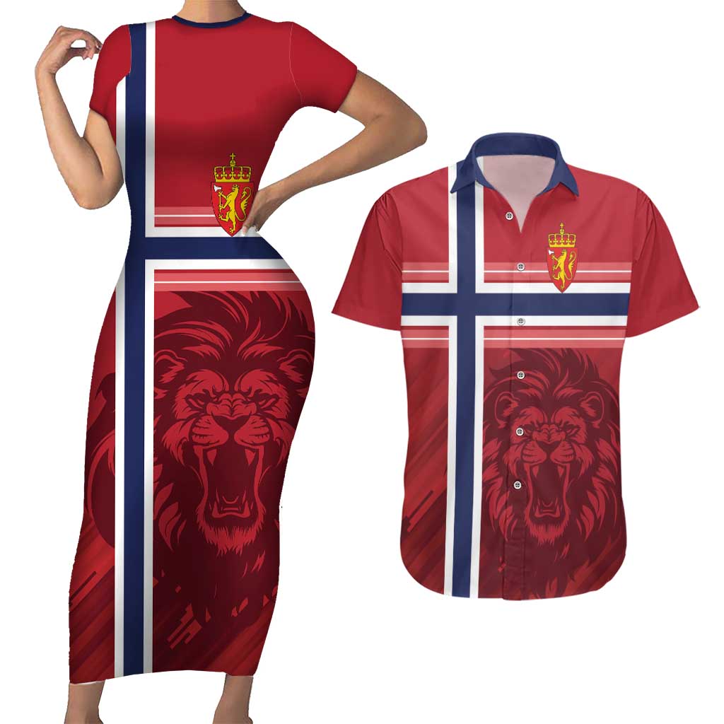 Custom Norway Football Couples Matching Short Sleeve Bodycon Dress and Hawaiian Shirt Norges Herrelandslag i Fotball