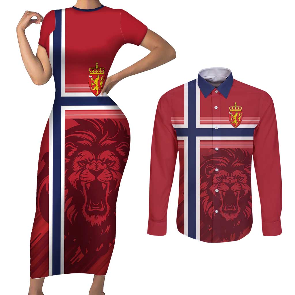 Custom Norway Football Couples Matching Short Sleeve Bodycon Dress and Long Sleeve Button Shirt Norges Herrelandslag i Fotball
