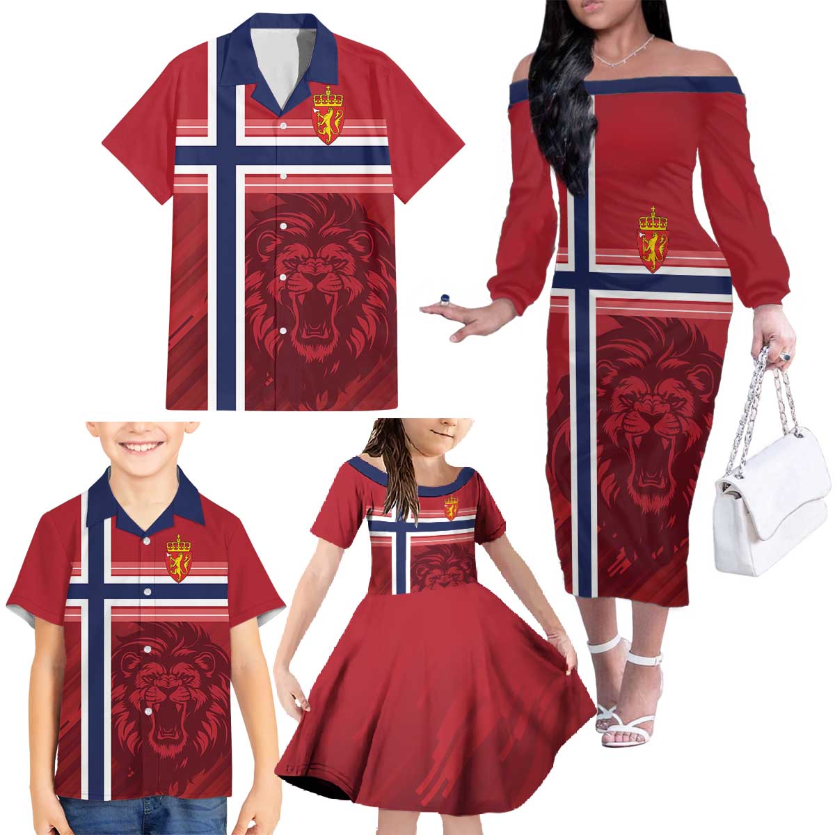 Custom Norway Football Family Matching Off The Shoulder Long Sleeve Dress and Hawaiian Shirt Norges Herrelandslag i Fotball