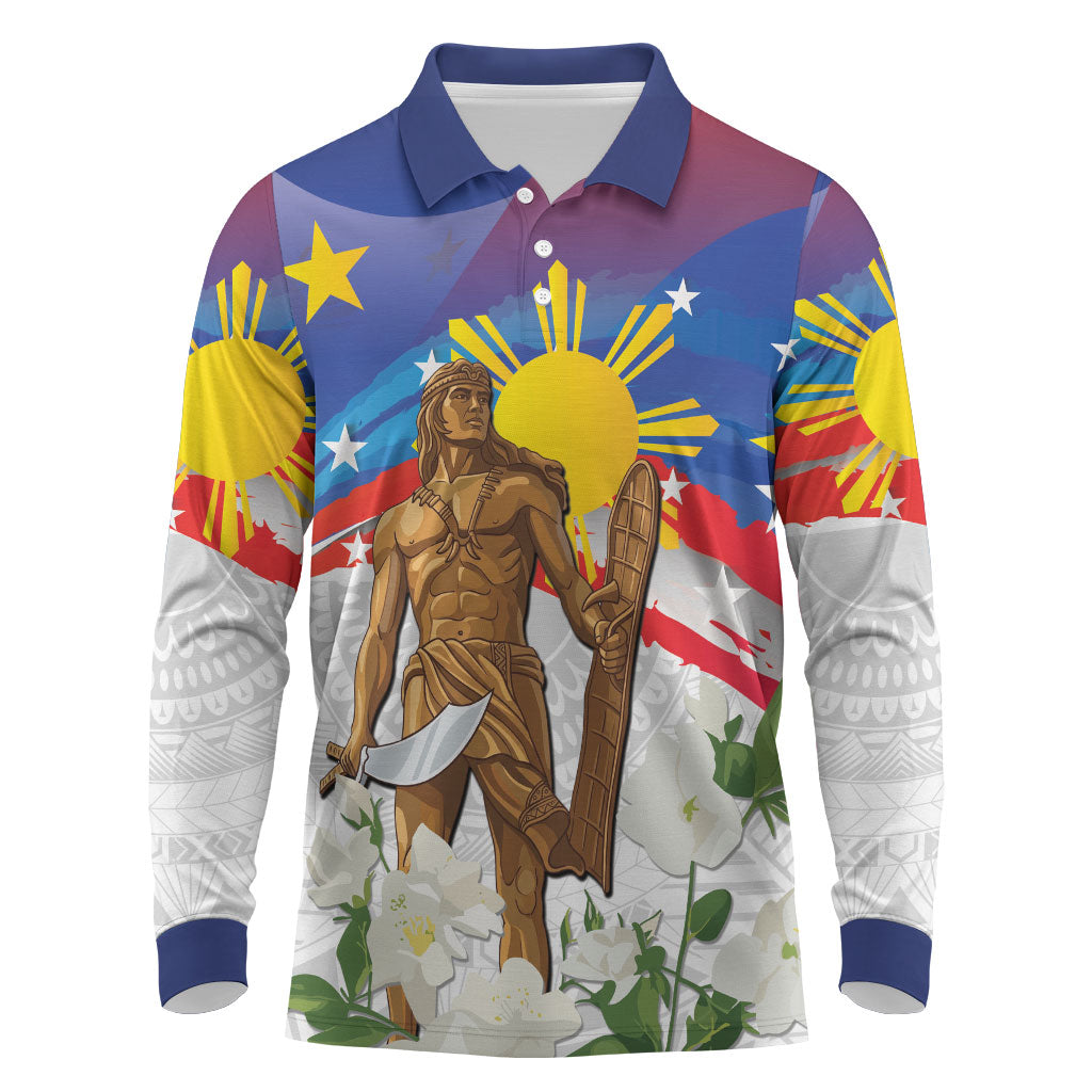 Philippines Flag Day Long Sleeve Polo Shirt Lapu-Lapu Warrior Heritage Art