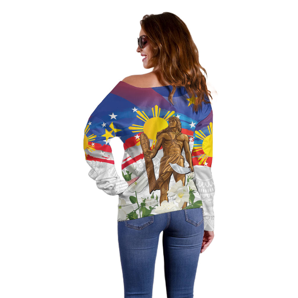 Philippines Flag Day Off Shoulder Sweater Lapu-Lapu Warrior Heritage Art