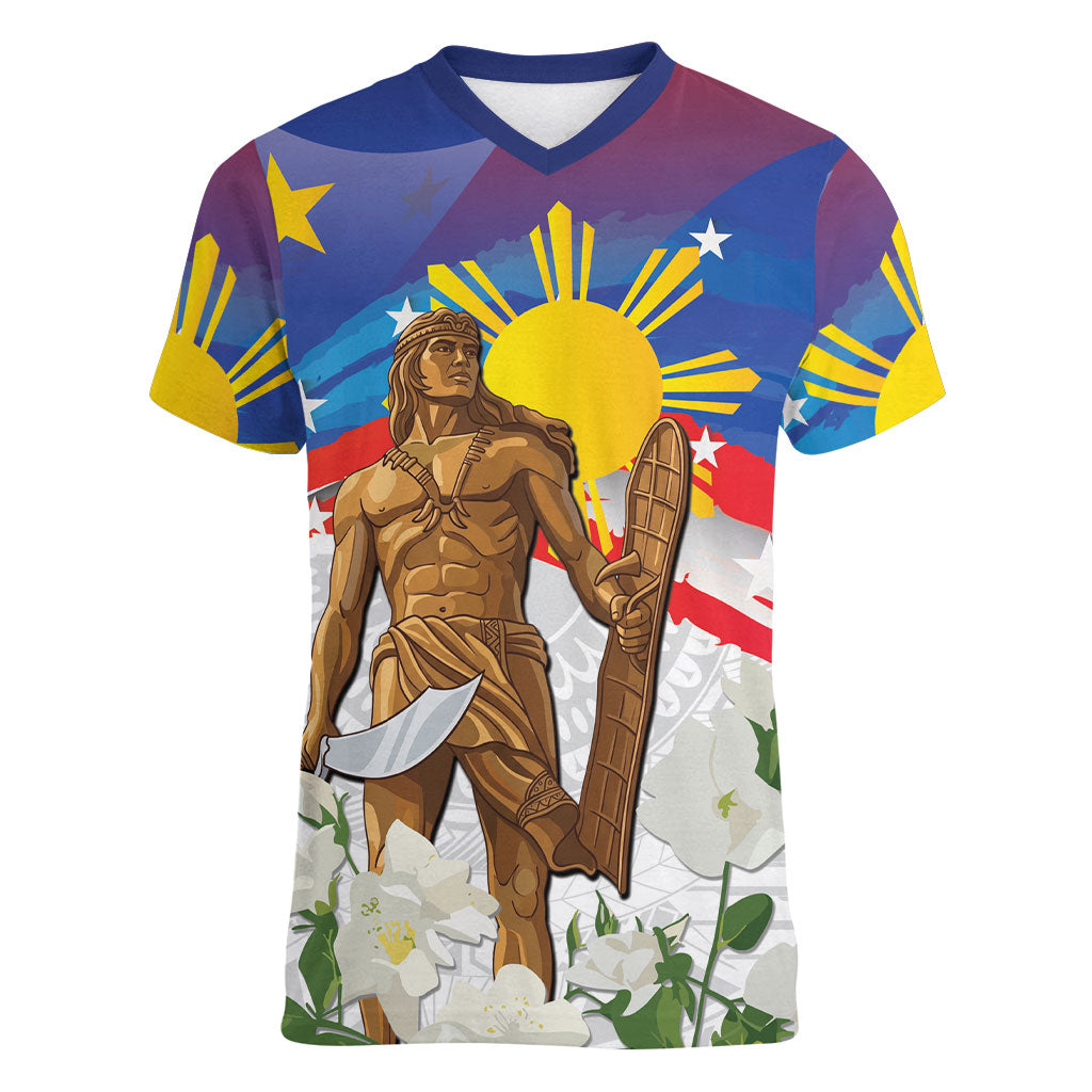 Philippines Flag Day Women V-Neck T-Shirt Lapu-Lapu Warrior Heritage Art