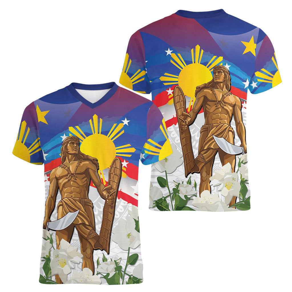 Philippines Flag Day Women V-Neck T-Shirt Lapu-Lapu Warrior Heritage Art