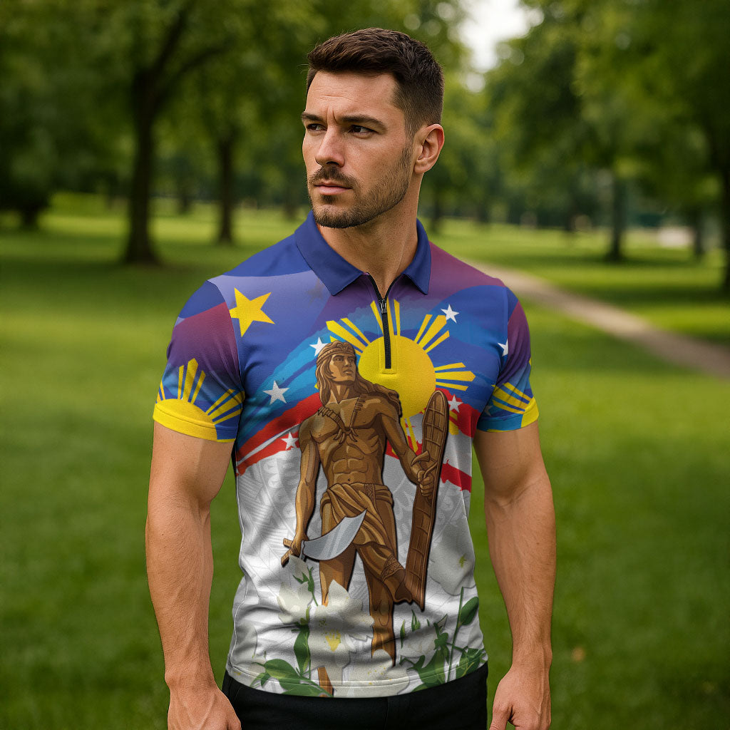Philippines Flag Day Zipper Polo Shirt Lapu-Lapu Warrior Heritage Art