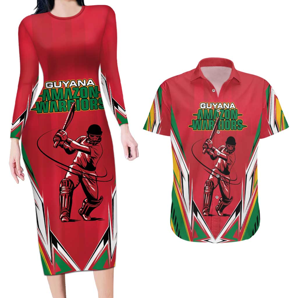 Custom Guyana Cricket Spirit Couples Matching Long Sleeve Bodycon Dress and Hawaiian Shirt Amazon Warriors Inspired - Wonder Print Shop