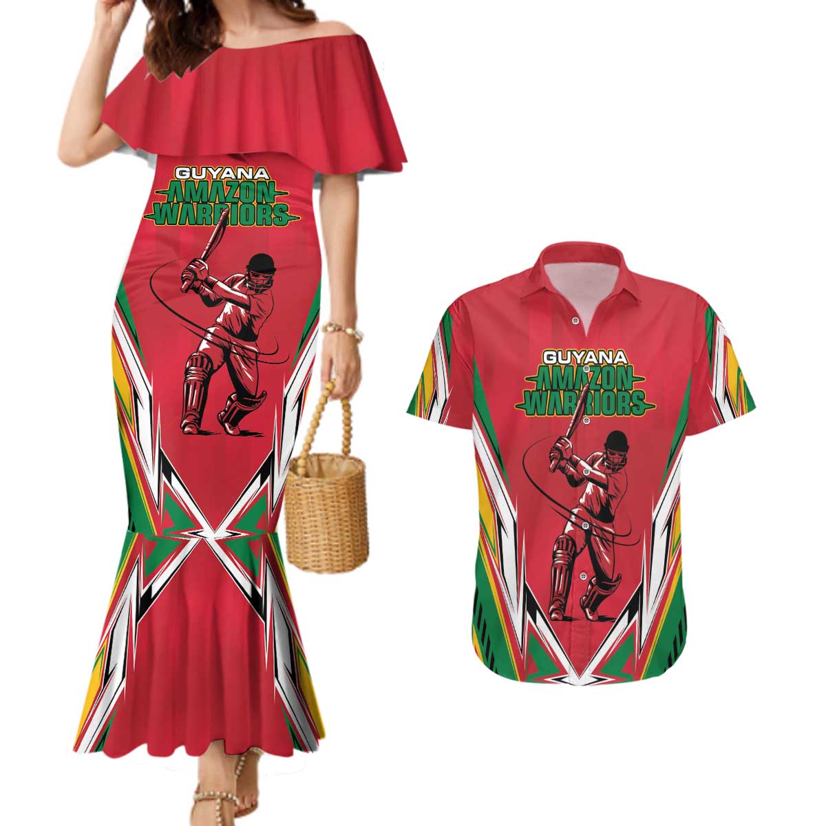 Custom Guyana Cricket Spirit Couples Matching Mermaid Dress and Hawaiian Shirt Amazon Warriors Inspired - Wonder Print Shop