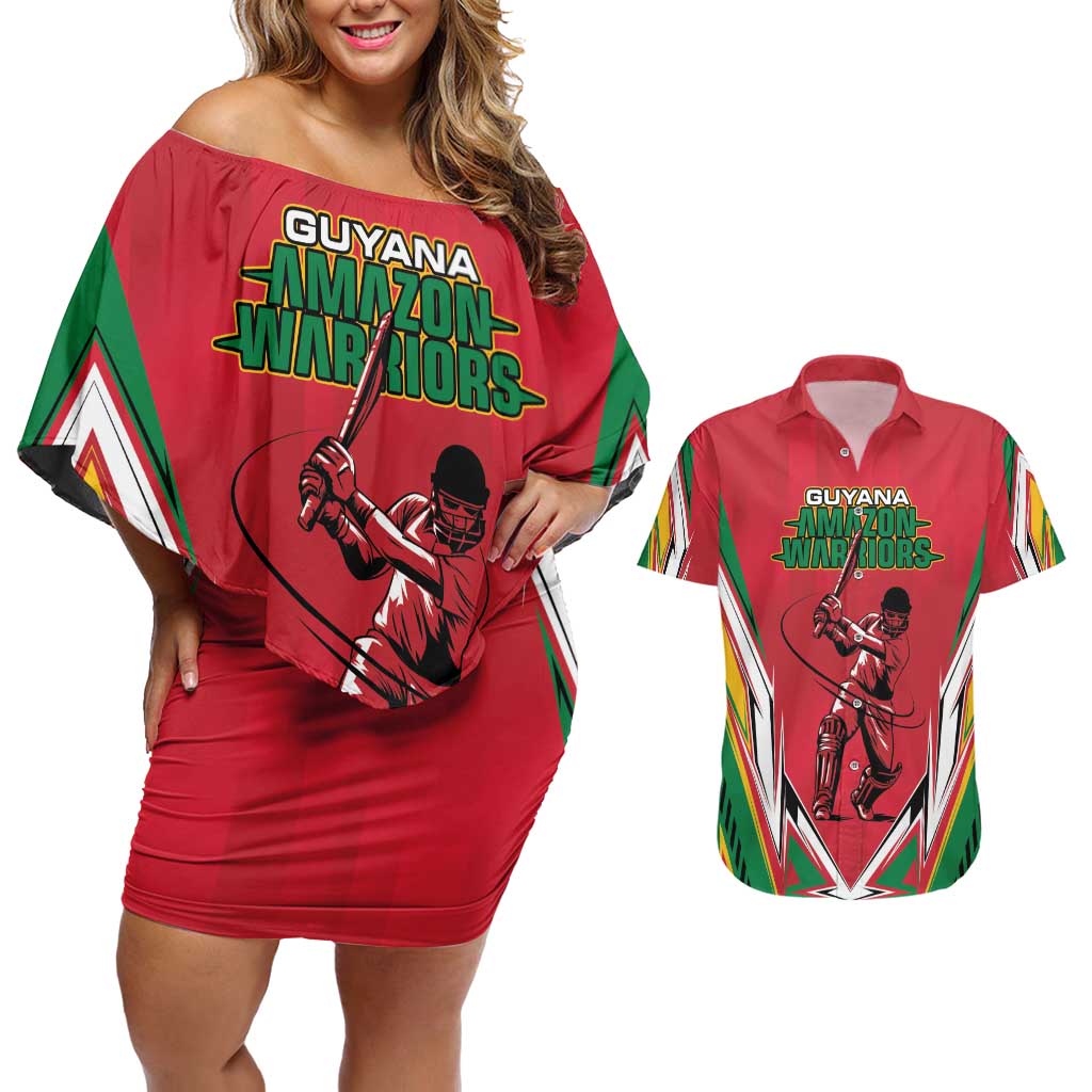 Custom Guyana Cricket Spirit Couples Matching Off Shoulder Short Dress and Hawaiian Shirt Amazon Warriors Inspired - Wonder Print Shop