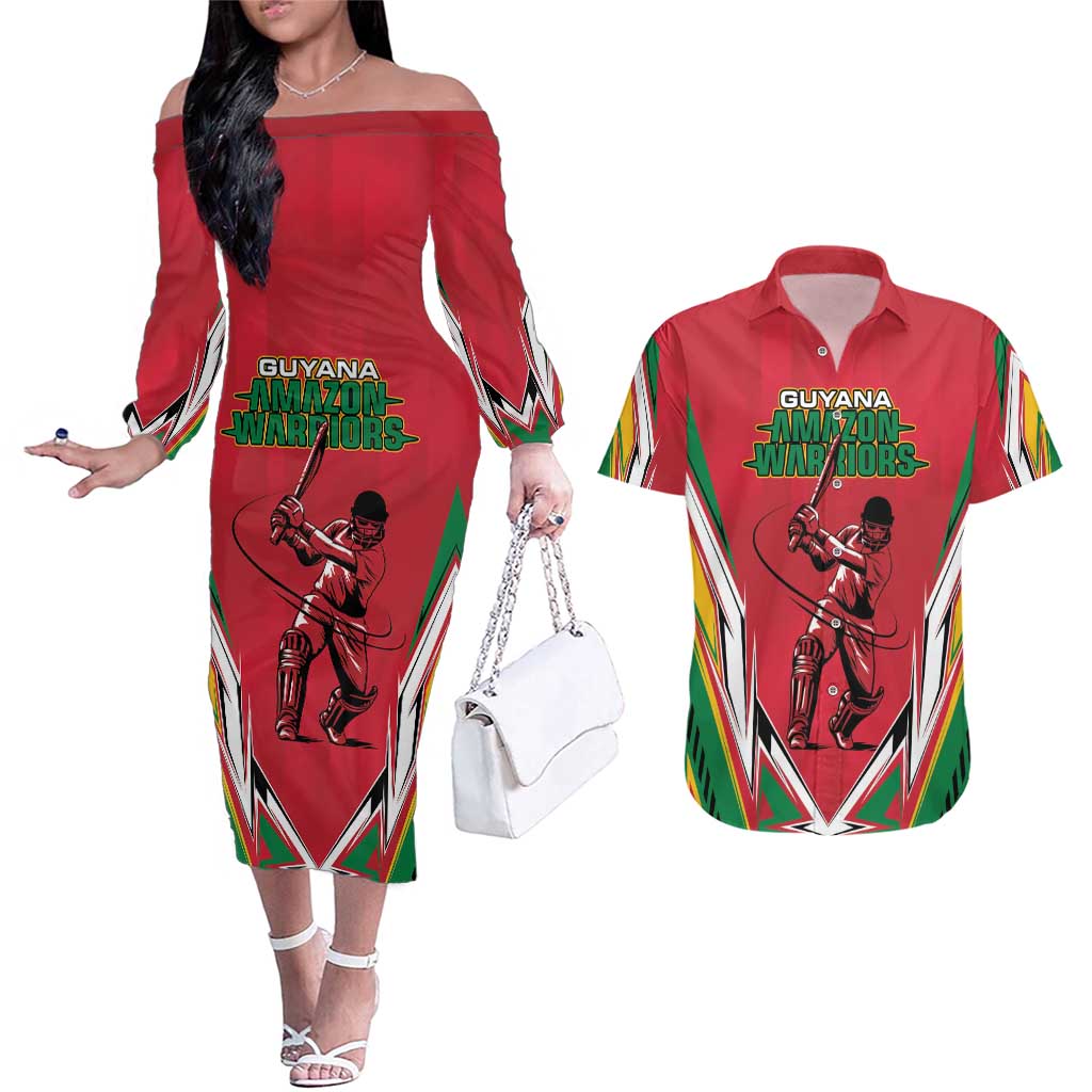 Custom Guyana Cricket Spirit Couples Matching Off The Shoulder Long Sleeve Dress and Hawaiian Shirt Amazon Warriors Inspired - Wonder Print Shop