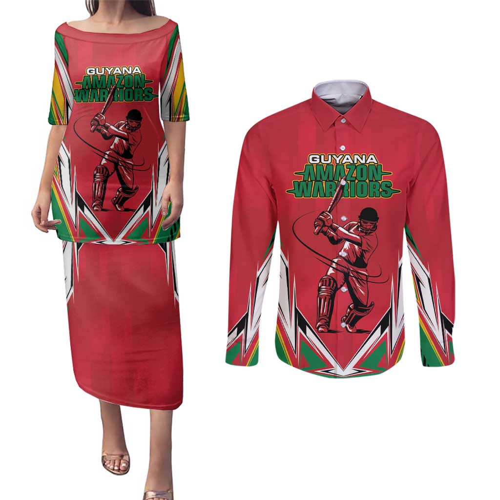 Custom Guyana Cricket Spirit Couples Matching Puletasi and Long Sleeve Button Shirt Amazon Warriors Inspired - Wonder Print Shop