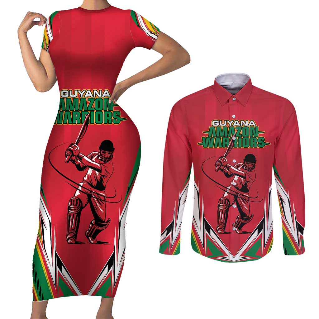 Custom Guyana Cricket Spirit Couples Matching Short Sleeve Bodycon Dress and Long Sleeve Button Shirt Amazon Warriors Inspired - Wonder Print Shop