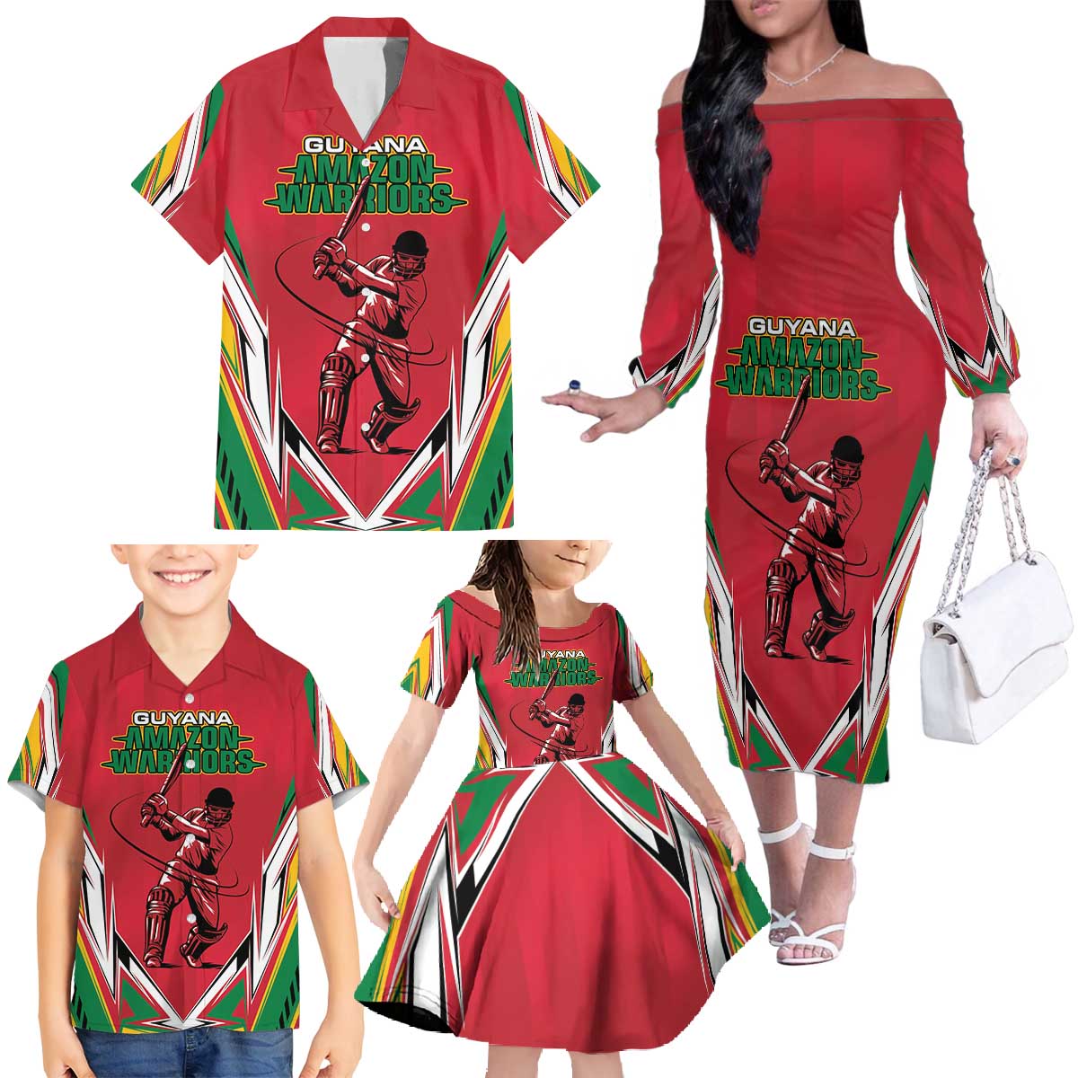 Custom Guyana Cricket Spirit Family Matching Off The Shoulder Long Sleeve Dress and Hawaiian Shirt Amazon Warriors Inspired - Wonder Print Shop