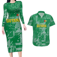 Custom Guyana Football Couples Matching Long Sleeve Bodycon Dress and Hawaiian Shirt One Team One Game Green Version - Wonder Print Shop