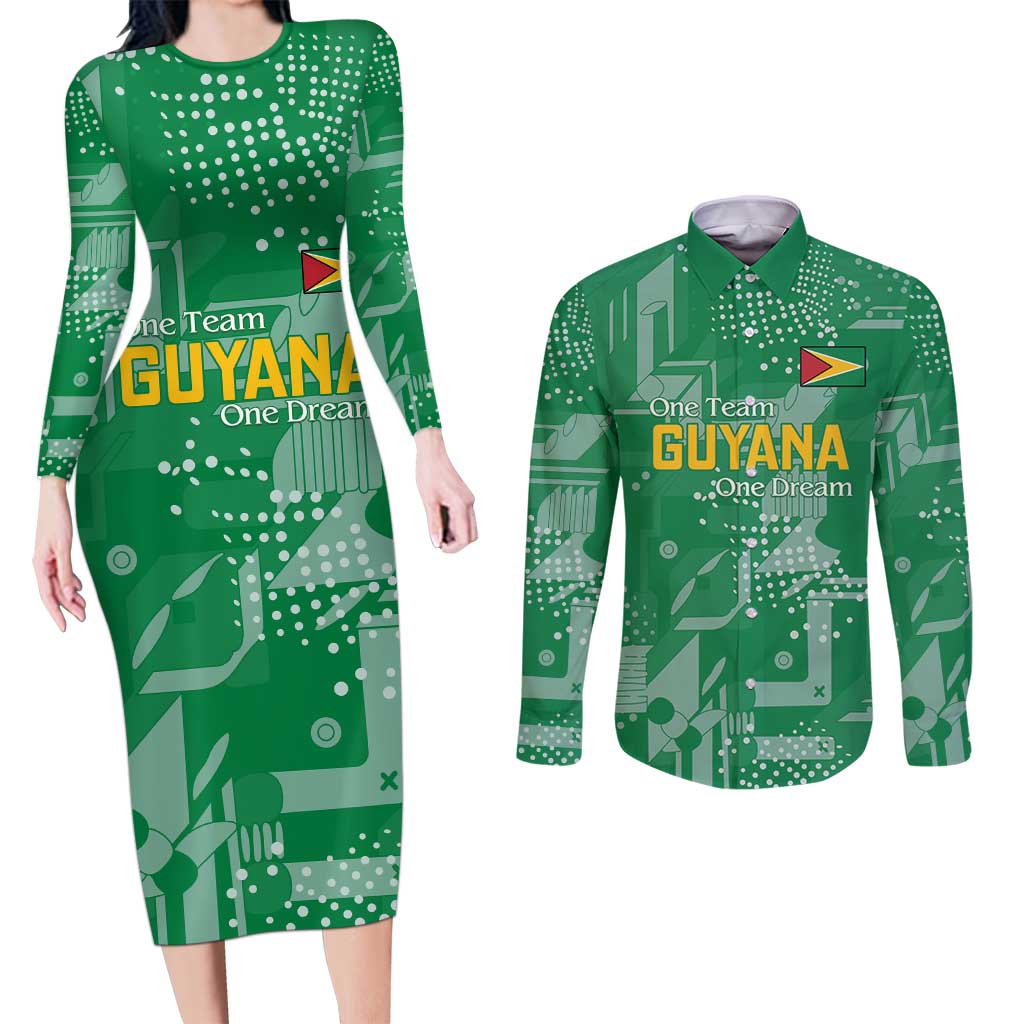Custom Guyana Football Couples Matching Long Sleeve Bodycon Dress and Long Sleeve Button Shirt One Team One Game Green Version - Wonder Print Shop
