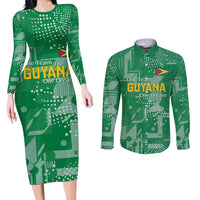 Custom Guyana Football Couples Matching Long Sleeve Bodycon Dress and Long Sleeve Button Shirt One Team One Game Green Version - Wonder Print Shop