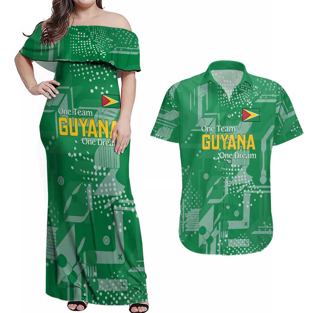Custom Guyana Football Couples Matching Off Shoulder Maxi Dress and Hawaiian Shirt One Team One Game Green Version - Wonder Print Shop