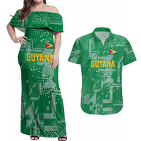 Custom Guyana Football Couples Matching Off Shoulder Maxi Dress and Hawaiian Shirt One Team One Game Green Version - Wonder Print Shop